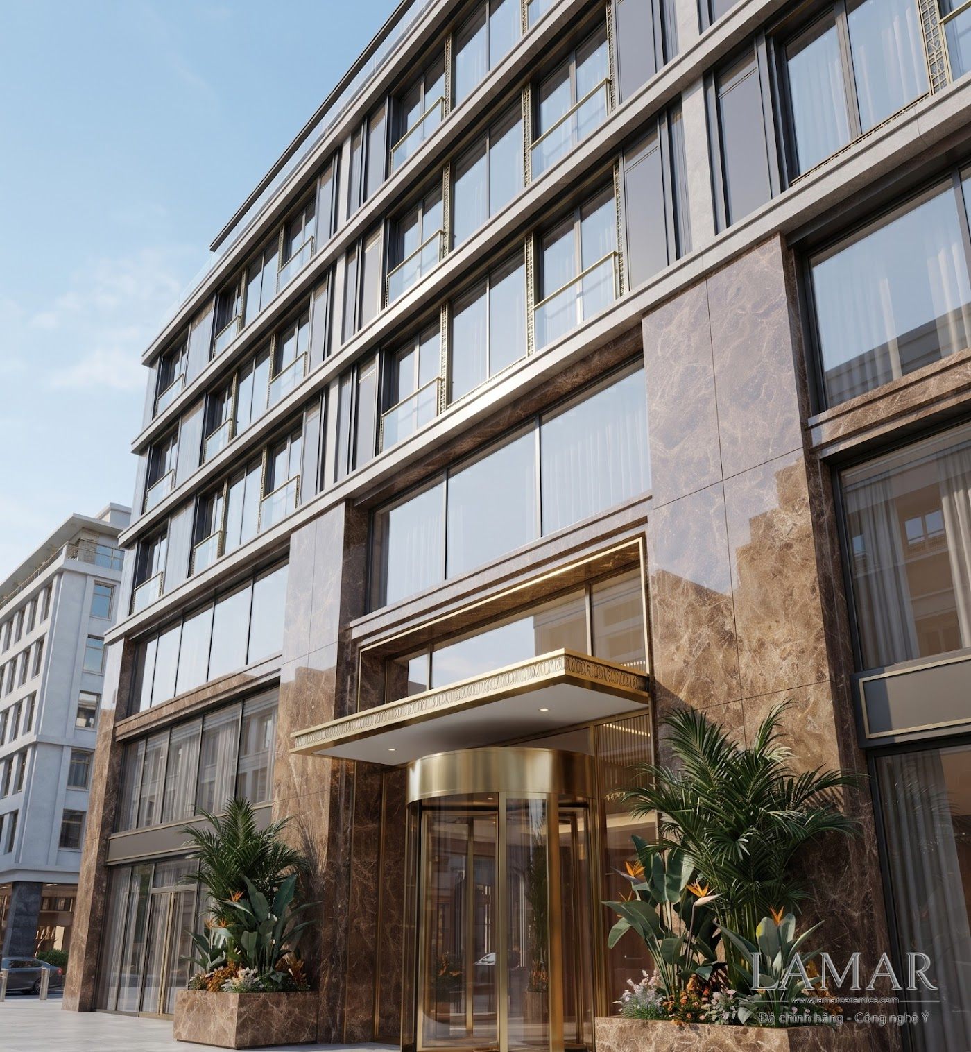 Mặt tiền đá nung kết Travertino Ivory LAMAR